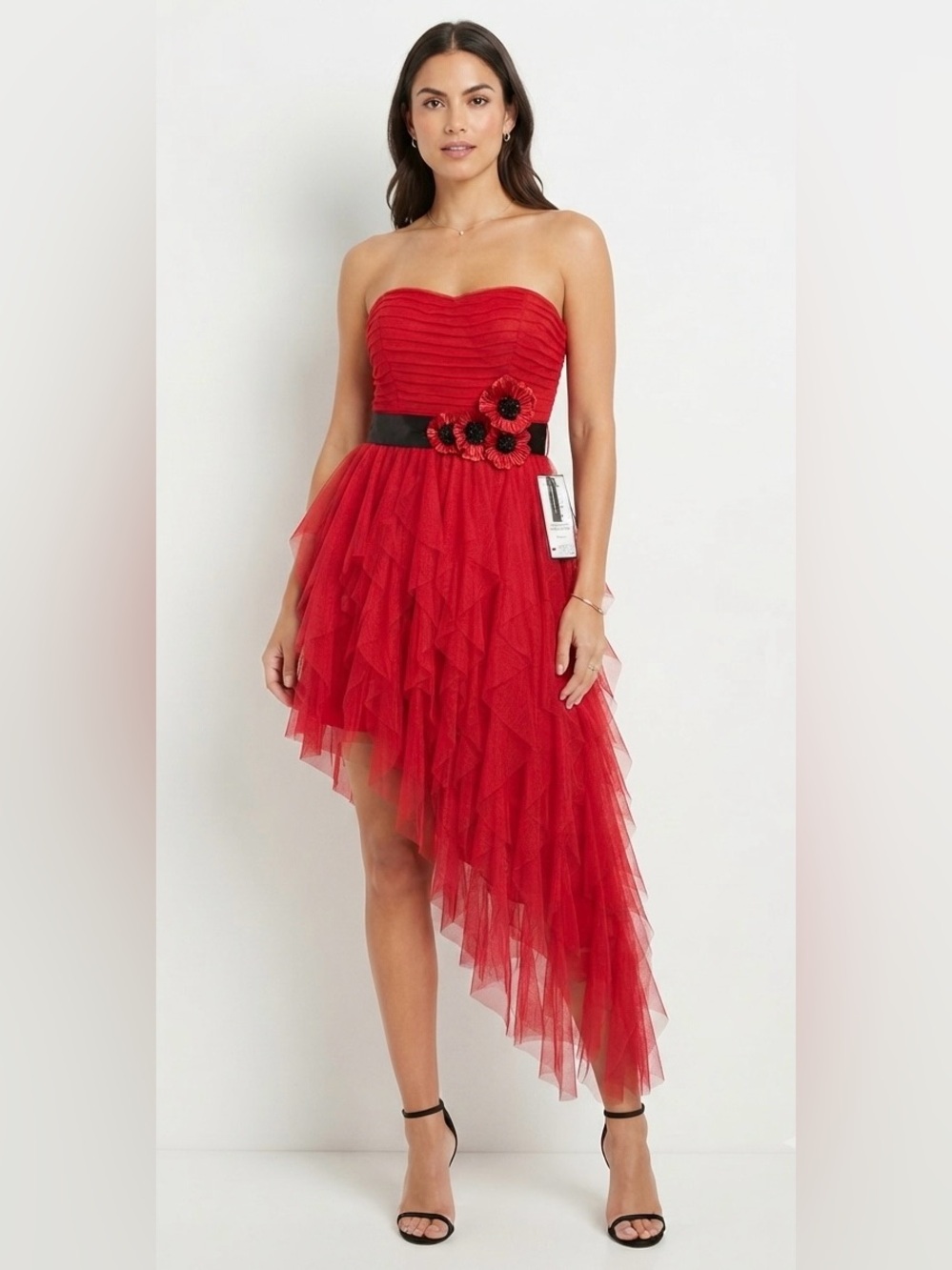 Blondie Nites Red Strapless Asymmetrical Tulle Dress with Black Waist
